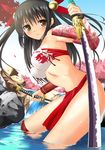  bandeau bell black_hair blush bow breasts cherry_blossoms dual_wielding fundoshi hair_ornament highres holding japanese_clothes long_hair medium_breasts midriff miracle_hoshi original petals rock shiny shiny_skin solo standing twintails wading water waterfall weapon yellow_eyes 