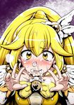  a-teru_haito big_hair blonde_hair blush bow choker cum cum_bubble cum_in_mouth cum_in_nose cure_peace double_v facial hair_flaps hair_ornament hairclip kise_yayoi magical_girl portrait precure smile_precure! solo tears v wide_ponytail yellow yellow_bow yellow_choker yellow_eyes 