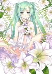  aqua_eyes aqua_hair bare_shoulders choker dress flower hair_ornament hairclip hatsune_miku lace leaf lily_(flower) long_hair nana_mikoto plant smile solo twintails vines vocaloid 