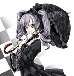  black_umbrella bow dress drill_hair grey_hair hair_bow highres idolmaster idolmaster_cinderella_girls kanzaki_ranko kobayashi_tetsuya lolita_fashion long_hair looking_at_viewer pale_skin red_eyes ribbon smile solo twin_drills twintails umbrella 