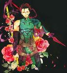  ahoge black_background dual_wielding fate/zero fate_(series) floral_background flower gae_buidhe gae_dearg holding lancer_(fate/zero) male_focus mole mole_under_eye polearm red_flower red_hair red_rose rose solo spear weapon youaresober 