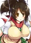  asuka_(senran_kagura) bad_id bad_pixiv_id breasts brown_eyes brown_hair hair_ribbon holding large_breasts necktie paopao parted_lips plaid plaid_skirt red_scarf reverse_grip ribbon scarf school_uniform senran_kagura senran_kagura_shoujo-tachi_no_shin'ei simple_background skirt solo sweater_vest white_background 