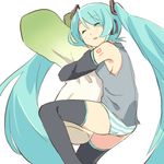  aqua_hair body_pillow closed_eyes detached_sleeves hatsune_miku long_hair no_pants panties pillow pillow_hug reki_(arequa) simple_background sleeping solo spring_onion striped striped_panties thighhighs twintails underwear very_long_hair vocaloid white_background 