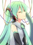  cable closed_eyes detached_sleeves green_hair hatsune_miku headphones long_hair necktie reki_(arequa) simple_background solo twintails vocaloid white_background 