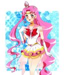  alternate_hairstyle aqua_background bad_id bad_pixiv_id bishoujo_senshi_sailor_moon bow brooch chibi_usa choker curly_hair gloves hair_bun hair_half_undone hair_ornament hairpin heart heart_choker hifumi_(balance) highres jewelry long_hair multicolored multicolored_clothes multicolored_skirt older pink_hair pink_sailor_collar pleated_skirt red_eyes ribbon sailor_chibi_moon sailor_collar sailor_senshi_uniform sidelocks skirt smile solo super_sailor_chibi_moon tiara white_gloves 