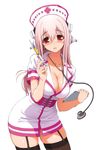  blush breasts cleavage hat headphones large_breasts long_hair looking_at_viewer nitroplus nurse nurse_cap open_clothes open_mouth pink_hair red_eyes simple_background solo super_sonico syringe thighhighs tsuji_santa 