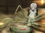  arachne brown_eyes elbow_gloves flat_chest gloves insect_girl lamp mon-musu_quest! monster_girl no_nipples silk smile solo spider_girl spider_girl_(mon-musu_quest!) spider_web un_do v white_hair 