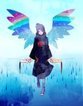  1girl akatsuki_(naruto) blue_hair cloak eyes_closed eyeshadow flower hair_flower hair_ornament highres kanenote konan labret_piercing makeup nail_polish naruto naruto_shippuuden piercing red_nails wings 