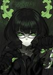 92m bangs black_hair black_rock_shooter dead_master glasses green_eyes horns looking_at_viewer solo upper_body 