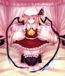  ascot bed black_legwear blonde_hair canopy_bed curtsey dress flandre_scarlet frills hat highres indoors kneeling large_wings looking_at_viewer on_bed pillow red_eyes short_hair side_ponytail smile solo ten_ryuu_sadaaki thighhighs touhou wings 