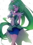  bike_shorts blue_shorts bow choker cure_march green green_choker green_eyes green_hair green_skirt hair_over_one_eye hair_tousle long_hair magical_girl midorikawa_nao parted_lips ponytail precure shirt shorts shorts_under_skirt skirt sleeveless sleeveless_shirt smile_precure! solo tiara touryou very_long_hair white_background 