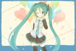  arm_behind_back balloon detached_sleeves green_eyes green_hair hatsune_miku headset long_hair mikanniro necktie one_eye_closed skirt smile solo thighhighs twintails v very_long_hair vocaloid 