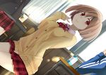  breasts brown_hair cardigan desk dutch_angle ichinose_yuu medium_breasts original plaid plaid_skirt red_eyes short_hair skirt smile 