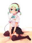  :&gt; blush bow digital_media_player hatsune_miku headphones highres school_uniform shinryou_rei sitting solo thighhighs vocaloid wariza zettai_ryouiki 