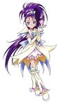  boots bow crossed_legs cure_egret dress eyelashes full_body futari_wa_precure_splash_star gloves kawamura_toshie knee_boots long_hair magical_girl mishou_mai official_art ponytail precure purple_eyes purple_hair ribbon smile solo standing star watson_cross white_background white_footwear 