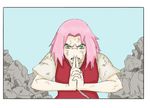  green_eyes hands_together haruno_sakura lowres naruto naruto_(series) naruto_shippuuden pink_hair rock solo 