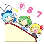  /\/\/\ 3girls barefoot blonde_hair blue_hair bow chibi cirno closed_eyes daiyousei dress escalator fang gomi_ichigo green_eyes green_hair hair_bow highres multiple_girls open_mouth outstretched_arms rumia smile spread_arms touhou wings 