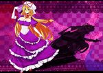  absurdres angelo_(gomahangetsu) bad_id bad_pixiv_id blonde_hair breasts cleavage elbow_gloves fan folding_fan gloves hat hat_ribbon highres large_breasts letterboxed long_hair purple_eyes ribbon shadow solo touhou white_gloves yakumo_yukari 