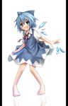  barefoot blue_eyes blue_hair blue_skirt blush bow cirno hair_bow hakobako ice open_mouth outstretched_hand pillarboxed reflective_floor ribbon shirt short_hair skirt solo touhou wings 