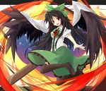  arm_cannon black_hair black_legwear black_wings bow breasts cape hair_bow highres long_hair medium_breasts open_mouth red_eyes reiuji_utsuho shoes skirt smile solo thighhighs third_eye touhou ut_pictura_poesis weapon wings 