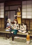  apron bad_id bad_pixiv_id barefoot black_legwear blonde_hair brown_eyes brown_hair carrying cat cat_on_lap child dress family food fusuma glasses hand_behind_head indian_style japanese_clothes kimono kneehighs loafers long_hair looking_at_another multiple_girls obi old_woman open_mouth original pants sandals sash school_uniform seiza serafuku shirt shoes shoes_removed short_hair sitting sleeves_rolled_up sliding_doors smile standing table tray tsukioka_tsukiho twintails veranda white_hair white_shirt 