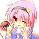  ;d bare_shoulders eyeball face finger_to_face hairband highres komeiji_satori looking_at_viewer one_eye_closed open_mouth pink_hair red_eyes short_hair simple_background smile solo third_eye touhou wakagi_repa white_background 