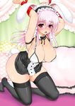  :o animal_ears arms_up black_ribbon blush bra breasts bunny_ears bunny_girl bunny_tail buttons checkered cleavage collarbone curtains detached_collar highres large_breasts leaning_forward looking_at_viewer nitroplus nuttons open_mouth pillow pink_eyes pink_hair ribbon super_sonico sweat tail underwear uran_(uran-factory) 