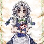  alternate_costume baby blush braid hong_meiling izayoi_sakuya maid maid_headdress minigirl multiple_girls nanashii_(soregasisan) red_eyes red_hair short_hair silver_hair touhou twin_braids 