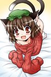  akou_roushi all_fours animal_ears blush bottomless brown_hair cat_ears cat_tail chen earrings fang jewelry multiple_tails naked_sweater nekomata no_pants oversized_clothes red_eyes ribbed_sweater short_hair single_earring sleeves_past_fingers sleeves_past_wrists smile solo sweater tail touhou white_legwear 