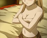  b-gata_h-kei blush covering_breasts earrings gold_hair navel screencap shorts sweat topless yamada_(b-gata_h-kei) 