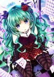  alternate_hairstyle argyle blue_eyes bridal_gauntlets card flower garter_straps green_hair hair_flower hair_ornament hatsune_miku jewelry long_hair modose_ruruki necklace plaid sitting solo striped striped_legwear thighhighs very_long_hair vocaloid wariza 