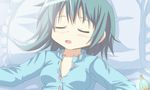  animated animated_gif bed blue_hair blush breasts breathing closed_eyes hangaku lying mahou_shoujo_madoka_magica miki_sayaka on_back on_bed open_mouth pillow short_hair sleeping small_breasts solo soul_gem upper_body 