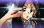  71 :o bespectacled blonde_hair blue_eyes casual food glasses hands hood k-on! kotobuki_tsumugi microphone microphone_stand open_mouth pocky round_teeth solo strawberry_pocky teeth 