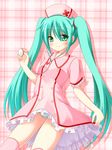  akarin_(sakuraakarin) green_eyes green_hair hat hatsune_miku koiiro_byoutou_(vocaloid) long_hair nurse nurse_cap panties pantyshot pantyshot_(standing) solo standing stethoscope striped striped_panties thighhighs twintails underwear very_long_hair vocaloid 