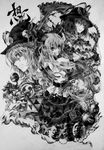  absurdres chain graphite_(medium) greyscale grin highres hinanawi_tenshi ibuki_suika mitsudomoe_(shape) monochrome multiple_girls nagae_iku neko_(yanshoujie) smile tomoe_(symbol) touhou traditional_media 