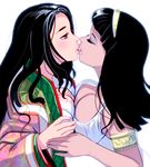  armlet bad_id bad_pixiv_id black_hair blush breast_press breasts cleavage cleopatra_(historical_person) closed_eyes egyptian hairband history holding_hands kiss large_breasts lips long_hair masao multiple_girls murasaki_shikibu_(historical_person) original profile real_life real_life_insert red_eyes simple_background symmetrical_docking upper_body white_background yuri 