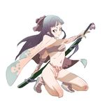  bangs blush cape copyright_request feet fundoshi japanese_clothes kneeling long_hair navel niko_(tama) purple_eyes sandals sarashi simple_background sketch socks solo sword weapon white_background 