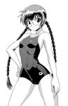  arena_(company) braid competition_school_swimsuit greyscale highres kurayami_joe long_hair monochrome one-piece_swimsuit original school_swimsuit solo swimsuit twin_braids twintails 
