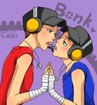  2boys aulauly aulauly7 bandages baseball_cap blue_eyes bonk brown_hair derivative_work dog_tags hands_together hat headset jewelry magnet_(vocaloid) male_focus multiple_boys necklace open_mouth parody signature team_fortress_2 the_scout vocaloid yaoi 