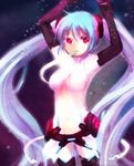  armpits arms_up blue_hair center_opening elbow_gloves gloves hatsune_miku hatsune_miku_(append) long_hair mouth_hold navel necktie red_eyes shinryou_rei solo thighhighs twintails very_long_hair vocaloid vocaloid_append 
