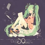  ahoge beamed_eighth_notes character_name closed_eyes green_hair hair_ribbon hatsune_miku headphones headphones_around_neck long_hair mero_(jiantumelody) mikupa musical_note open_mouth quarter_note ribbon sheet_music shoes shorts sitting solo star thighhighs twintails very_long_hair vocaloid 