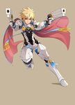  armor bad_id bad_pixiv_id blonde_hair blue_eyes brown_background cape chung_seiker deadly_chaser_(elsword) dual_wielding elsword full_body fullluv gloves greaves gun hair_flaps holding male_focus red_cape scarf simple_background solo weapon 