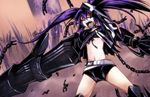  arm_cannon black_hair black_rock_shooter blue_eyes chain choker claws crazy dos_(james30226) insane_black_rock_shooter jacket midriff multicolored multicolored_eyes navel open_mouth red_eyes scar shorts solo spoilers twintails weapon 