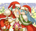  2900cm 2girls :o ^_^ adjusting_clothes adjusting_hat alternate_costume antlers aqua_eyes aqua_hair armor artist_name bell blush bow brother_and_sister brown_gloves cape capelet christmas closed_eyes crossover eirika ephraim eye_contact eyes_closed fa facial_mark fire_emblem fire_emblem:_fuuin_no_tsurugi fire_emblem:_seima_no_kouseki fire_emblem_heroes forehead_mark from_side fur_trim gloves green_capelet happy hat highres leaning leaning_forward long_hair long_sleeves looking_at_another mamkute multiple_girls nintendo open_mouth pom_pom_(clothes) purple_hair red_cape red_clothes red_gloves red_hat reindeer_antlers santa_costume santa_hat short_hair siblings smile sweatdrop white_armor 