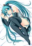  aqua_eyes aqua_hair bare_shoulders black_legwear detached_sleeves hatsune_miku headset long_hair looking_at_viewer lying necktie no_shoes on_side open_mouth panties pleated_skirt skirt solo striped striped_panties thighhighs twintails umitsubame underwear very_long_hair vocaloid 