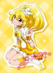  blonde_hair blush boots bow character_name choker copyright_name cure_peace dress earrings hair_ornament jewelry kise_yayoi long_hair magical_girl massala precure sitting skirt smile smile_precure! solo v wariza yellow yellow_background yellow_dress yellow_eyes 