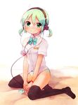  :&gt; blush bow digital_media_player hatsune_miku headphones highres panties school_uniform shinryou_rei sitting solo striped striped_panties thighhighs underwear vocaloid wariza 