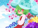  ascot cherry_blossoms dress flower green_hair hijiri_(xxhizirixx) kazami_yuuka looking_at_viewer plaid plaid_dress red_eyes smile solo touhou tree umbrella 