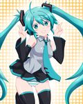  ahoge aqua_eyes aqua_hair detached_sleeves double_v grin hatsune_miku long_hair necktie orebelt panties skirt smile solo striped striped_panties thighhighs twintails underwear v very_long_hair vocaloid 