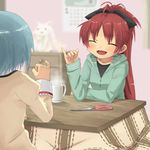  back blue_hair bow casual closed_eyes collarbone cup fang hair_bow hood hoodie kotatsu kyubey long_hair mahou_shoujo_madoka_magica miki_sayaka multiple_girls ponytail red_hair red_string sakura_kyouko school_uniform scissors serohan short_hair sitting string table 